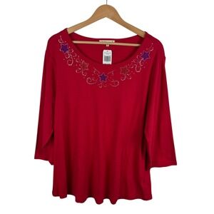 NWT Indigo Soul Red Rhinestone Stars Tee Size 2XL Patriotic 3/4 Sleeve Americana